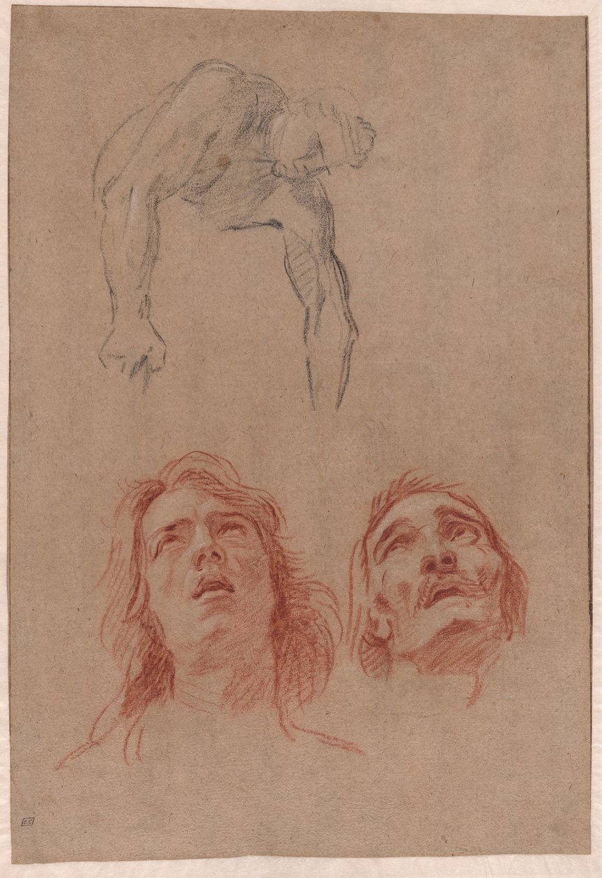 Mand rækker ned og to undersøgelser af hoveder (recto) af Jean Baptiste Jouvenet