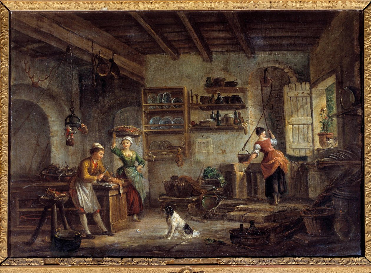 Et køkkeninteriør Kokke og stuepiger tilbereder deres herres måltider. Maleri af Jean Baptiste Lallemant (1710-1803) 1700-tallet Bourg en bresse, Musee de Brou af Jean Baptiste Lallemand