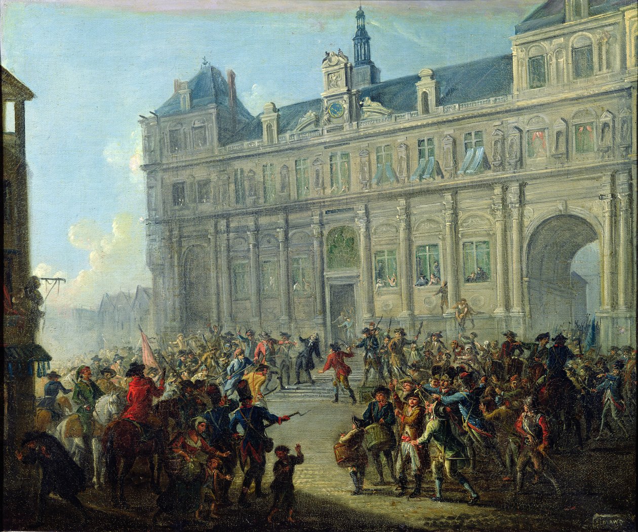 Mordet på Jacques de Flesselles på rådhusets trappe 14. juli 1789 af Jean Baptiste Lallemand