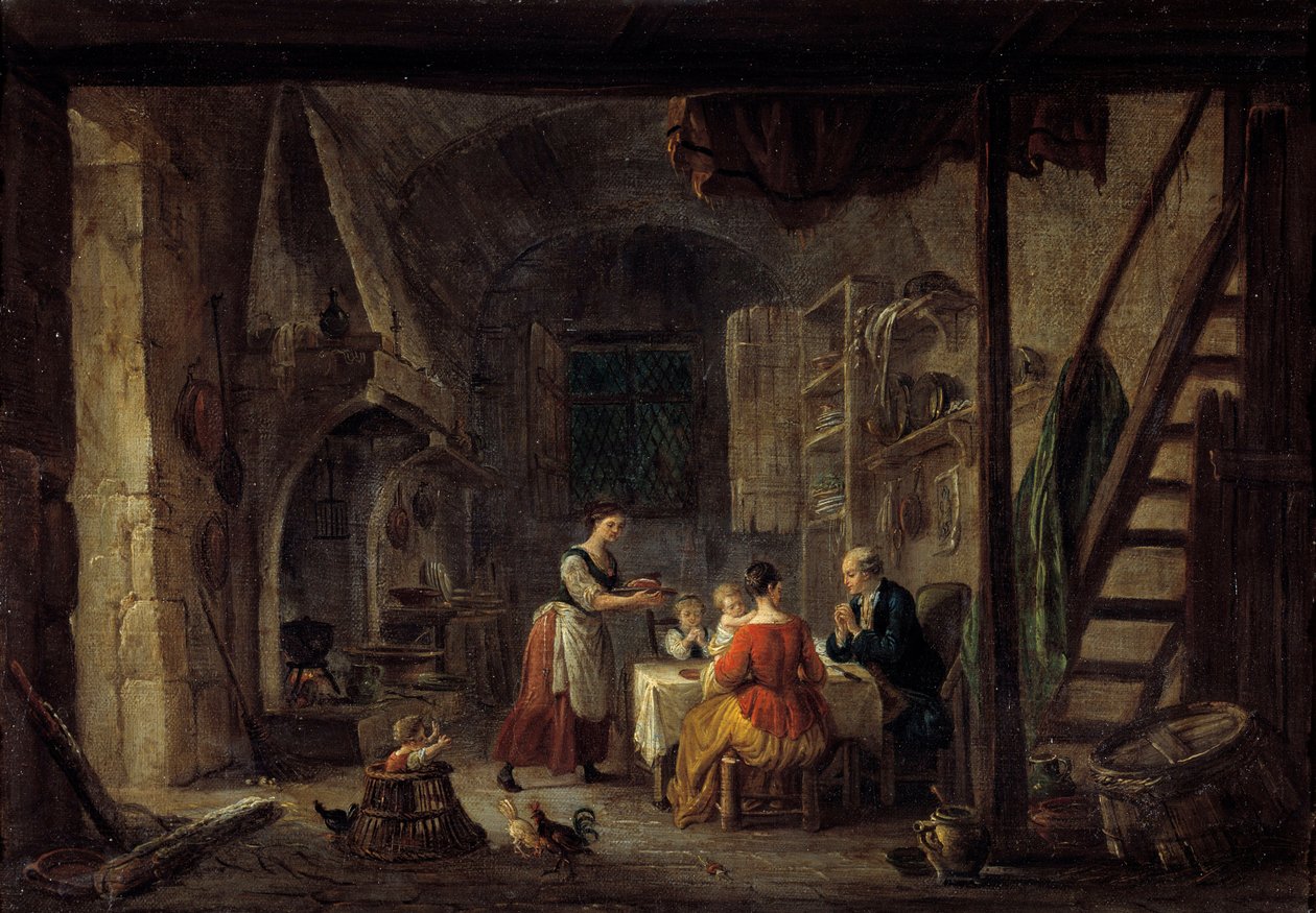 Benedicite Scene af måltid i en familie af bønder, bønnen. Maleri af Jean Baptiste Lallemant (1710-1803) 1700-tallet Bourg en bresse, Musee de Brou af Jean Baptiste Lallemand