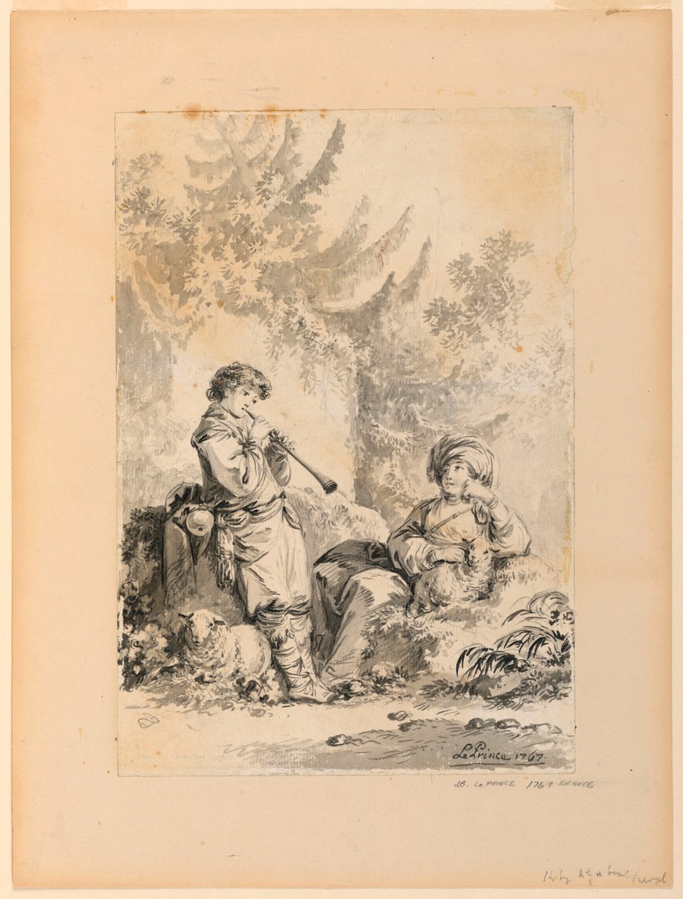 Tegning, Hyrdedreng og hyrdinde i et landskab, 1767 af Jean Baptiste Le Prince