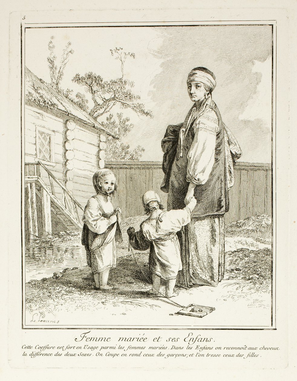 Gift kvinde og hendes børn, tallerken fem fra Divers Habillements des Peuples du Nord af Jean Baptiste Le Prince