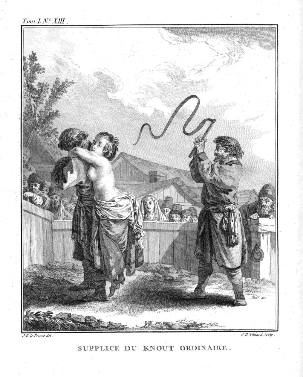 Straf af Natalia Fyodorovna Lopukhina med en almindelig knude. Fra Voyage en Sibérie, 1766 af Jean Baptiste Le Prince