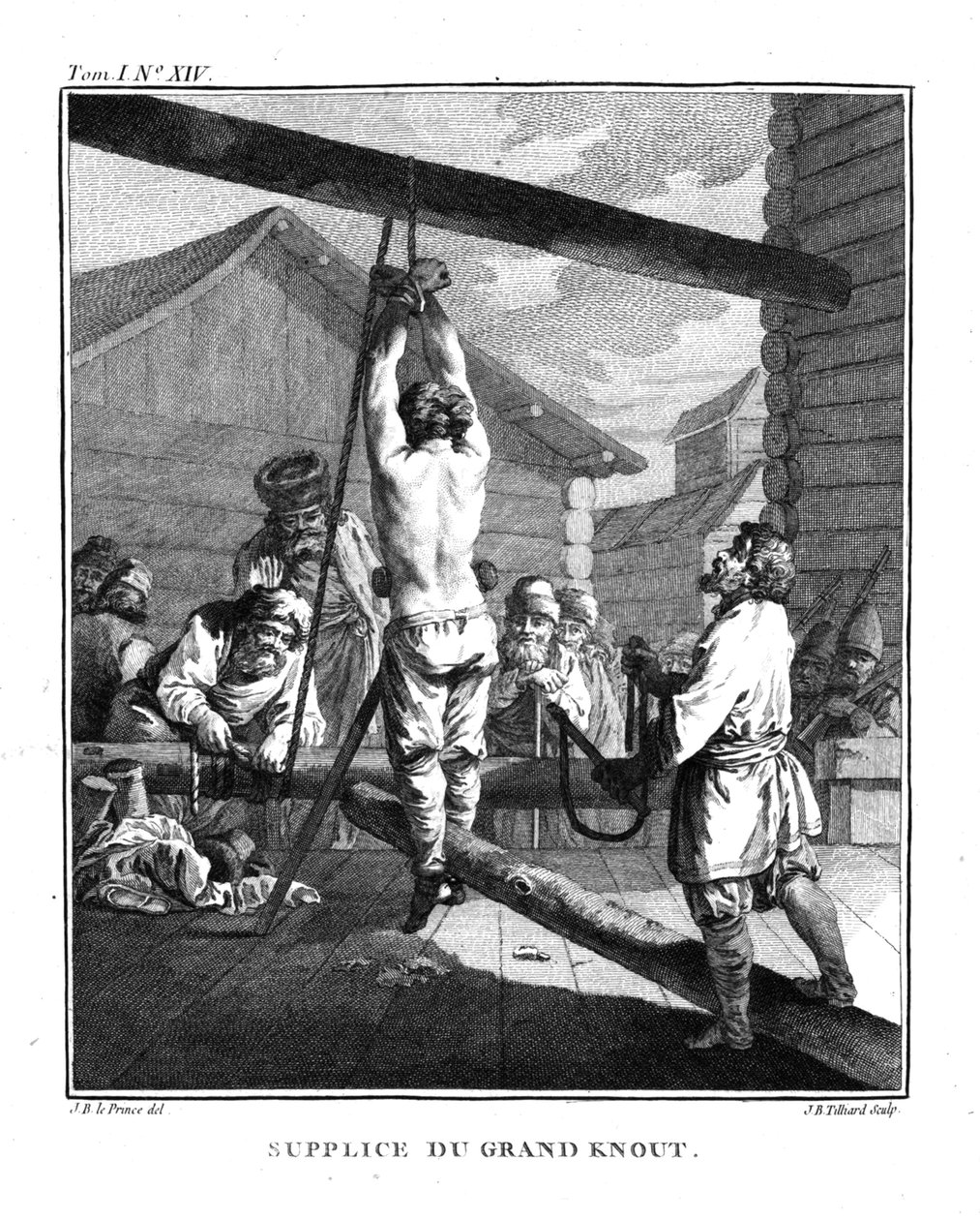 Straf med en stor Knout. Fra Voyage en Sibérie, 1766 af Jean Baptiste Le Prince
