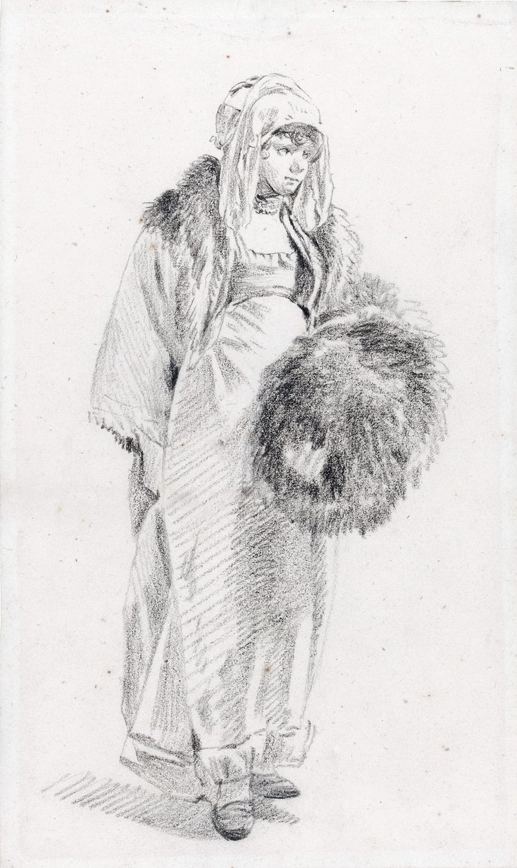 Russisk kvinde med pelsmuffe af Le Prince, Jean-Baptiste (1734-1781), mellem 1758 og 1761 - Sort kridt på papir, 22,9x13,8 - Privat samling af Jean Baptiste Le Prince
