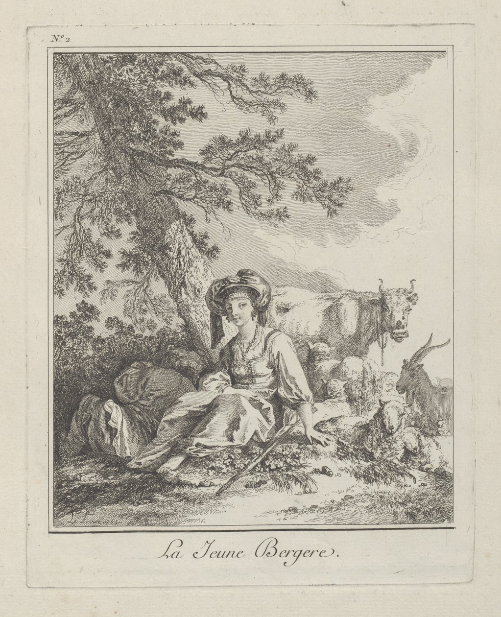 Den unge hyrdinde, plade to fra Diverse beklædning fra Nordens folk, 1765 af Jean Baptiste Le Prince
