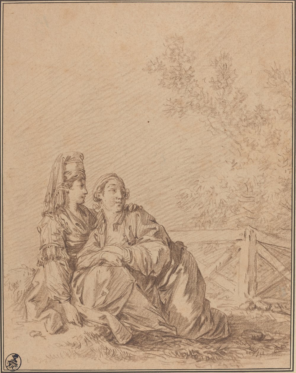 To russere siddende i landskab af Jean Baptiste Le Prince