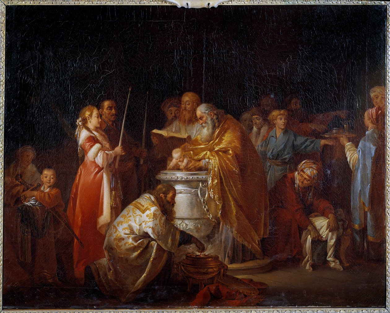 Russisk dåb En ortodoks pave døber et barn foran sine forældre. Maleri af Jean Baptiste Leprince (1733-1781) 1765 søn. 0,73x0,92 m af Jean Baptiste Leprince