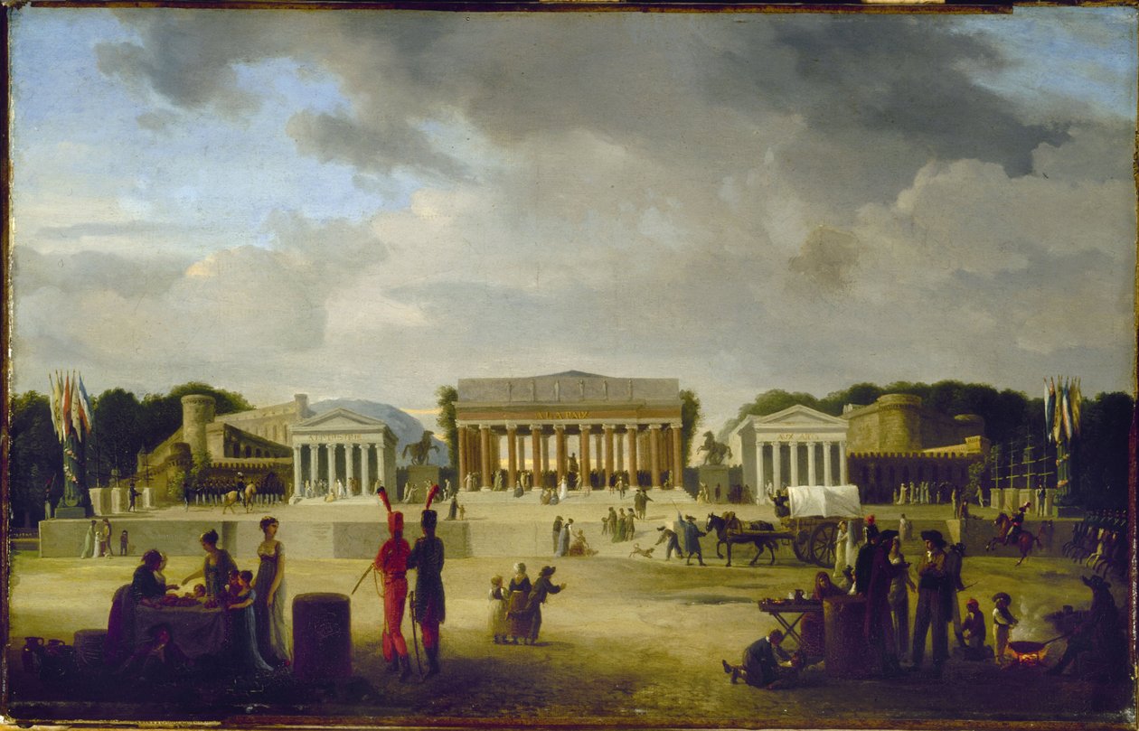 Vue du grand théâtre élevé sur la place de la Concorde pour la fête de la Paix, le 18 brumaire, an X (9 novembre 1801), i 1801 (olie på træ) af Jean Baptiste Louis Cazin