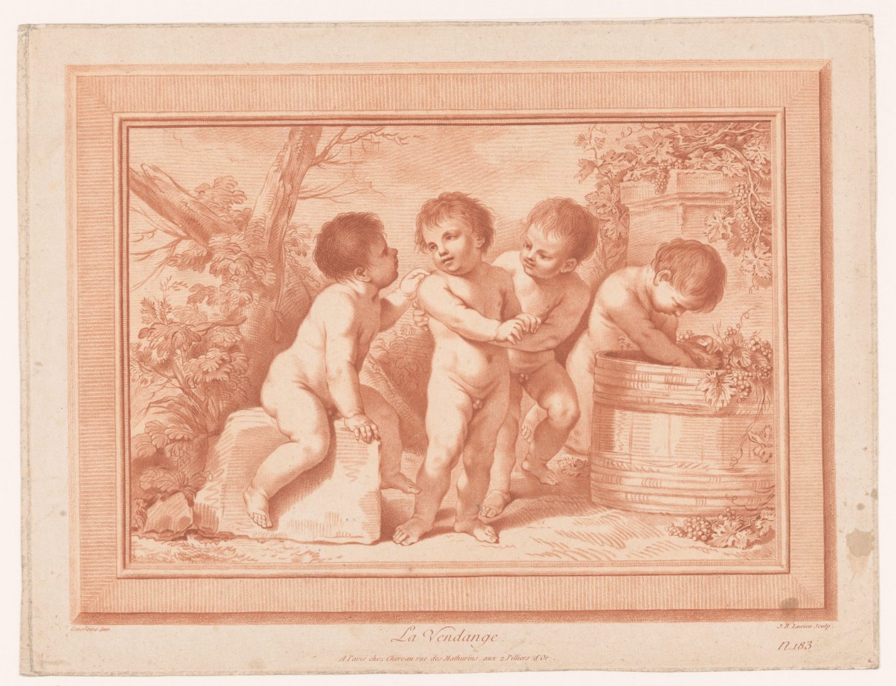 Fire putti med en vintønde La Vendange (titel på objekt) af Jean Baptiste Lucien