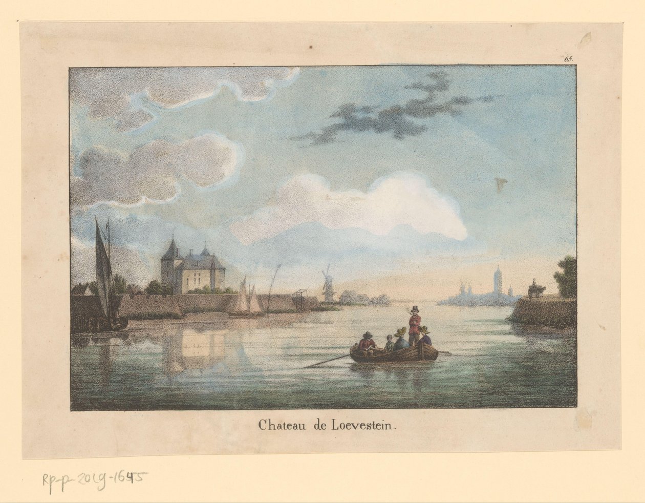 Udsigt over Loevestein Slot fra Waal Chateau de Loevestein (titel på objekt) Rejs gennem Det Forenede Kongerige Holland (serietitel) Voyage pittoresque dans le royaume des Pays Bas (...) (serietitel) af Jean Baptiste Madou (possibly)