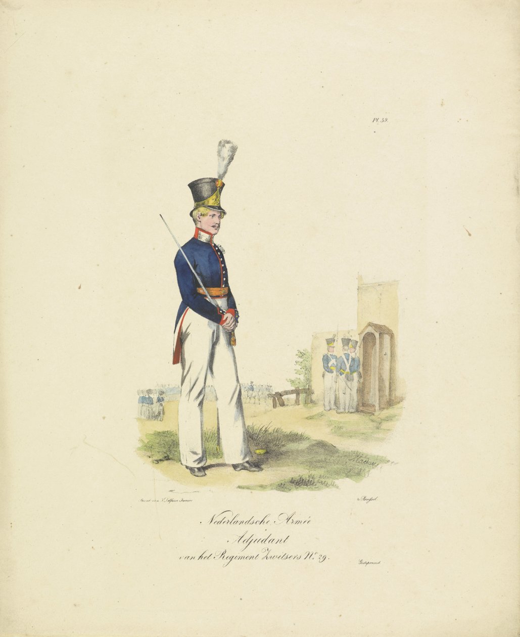 Adjudant ved det schweiziske regiment, 1820-1825 Nederlandsche Armée Adjutant af Regiment Swiss No. 29 (titel på objekt) Militære kostumer af Kongeriget Holland. Dedikeret til Hans Excellence Willem van Bylandt (serietitel på objekt af Jean Baptiste Madou
