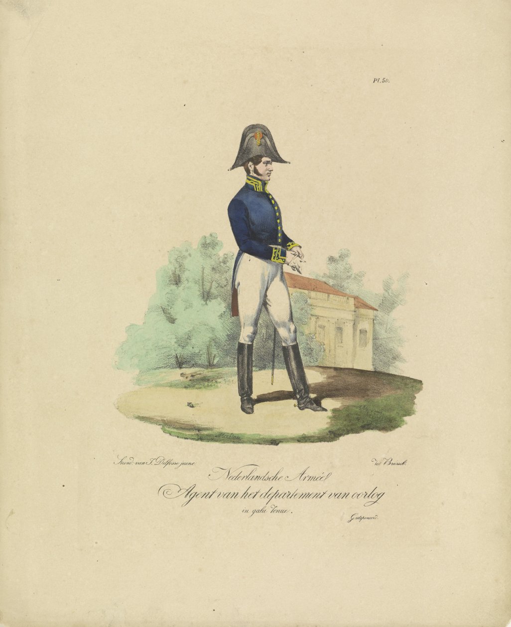 Agent for krigsafdelingen, 1820-1825 Nederlandsche Armée Agent of the War Department i gallauniform (titel på objekt) Militære kostumer af Kongeriget Holland. Dedikeret til Hans Excellence Willem van Bylandt (serietitel af Jean Baptiste Madou