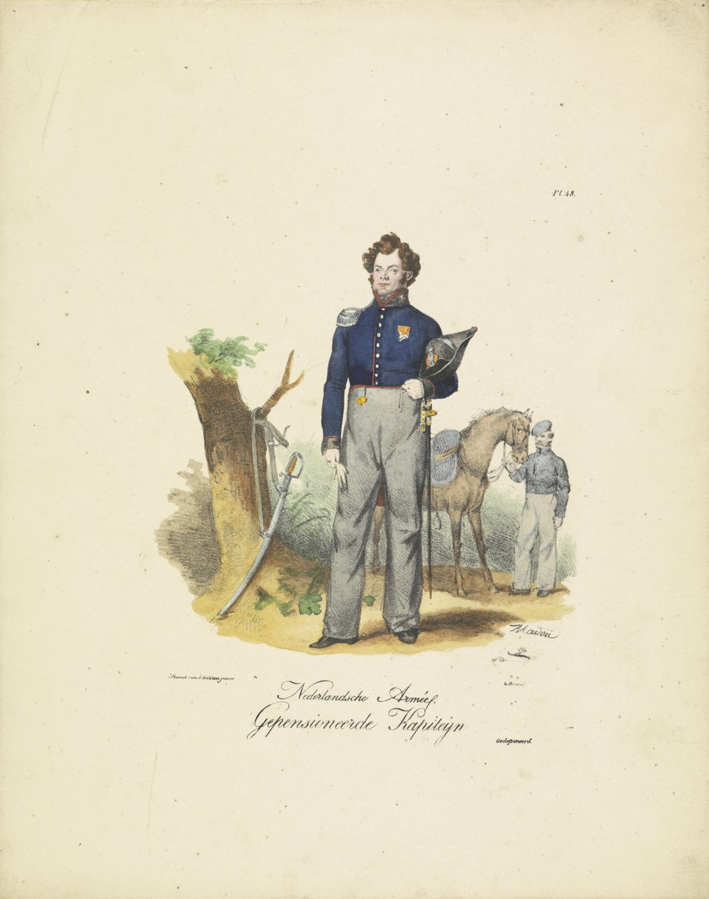 Pensioneret kaptajn, 1820-1825 Nederlandsche Armée, pensioneret Kapiteyn (titel på objekt) Militære kostumer af Kongeriget Holland. Dedikeret til Hans Excellence Willem van Bylandt (serietitel på objekt) af Jean Baptiste Madou