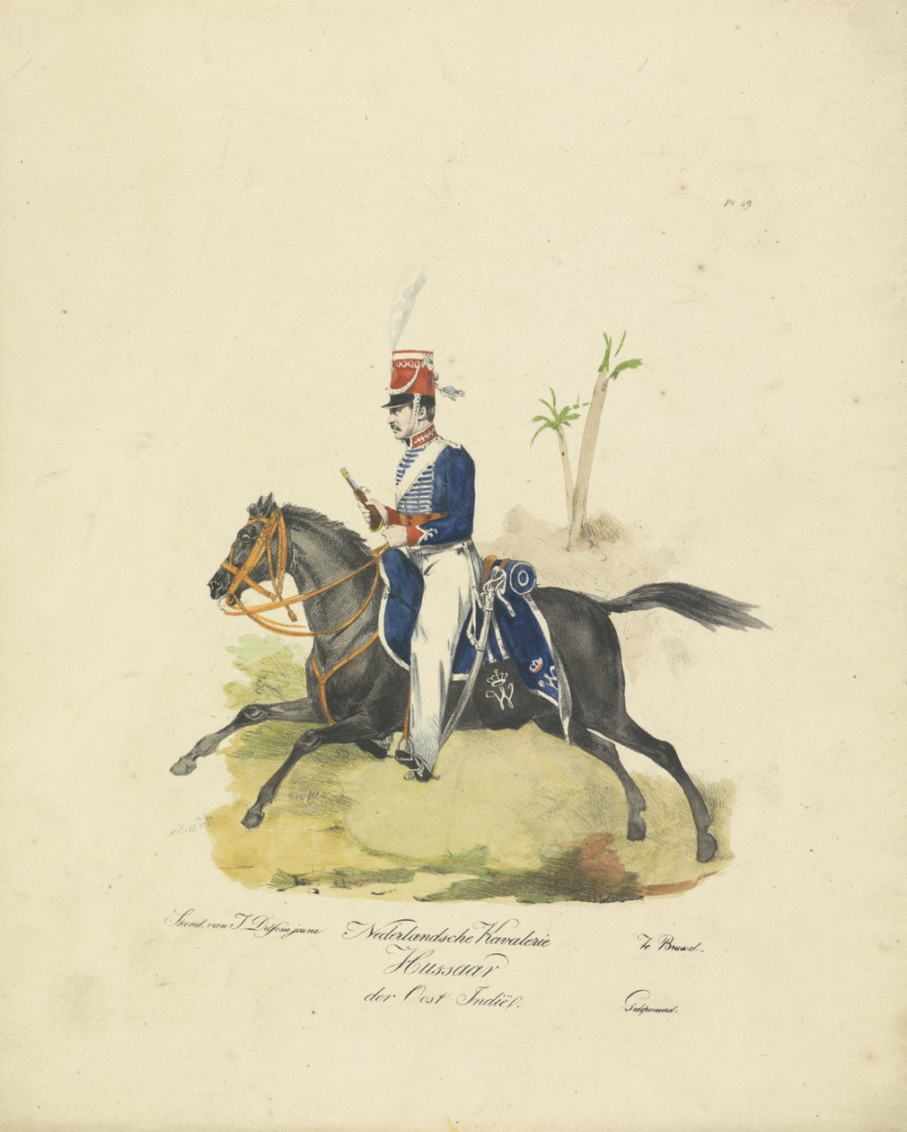 Husar fra den hollandske østindiske hær, 1820-1825 Hollandske Kavalerie Hussaar fra Østindien (titel på objektet) Militære kostumer af Kongeriget Holland. Dedikeret til Hans Excellence Willem van Bylandt (serietitel på objekt) af Jean Baptiste Madou