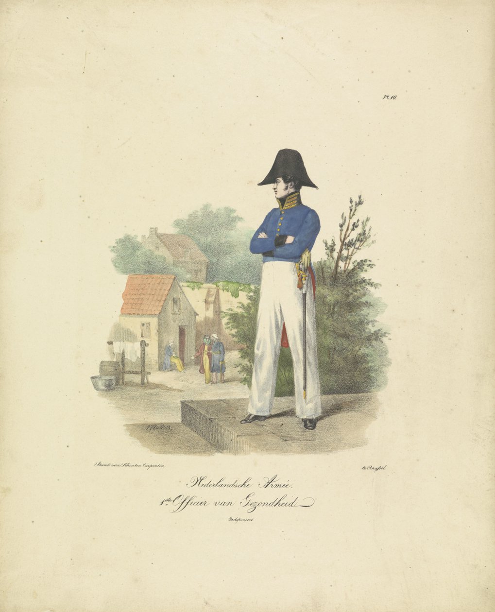Sundhedsofficer, 1820-1825 hollandske hær. 1. Sundhedsbetjent Militære kostumer af Kongeriget Holland. Dedikeret til Hans Excellence Willem van Bylandt (serietitel på objekt) af Jean Baptiste Madou