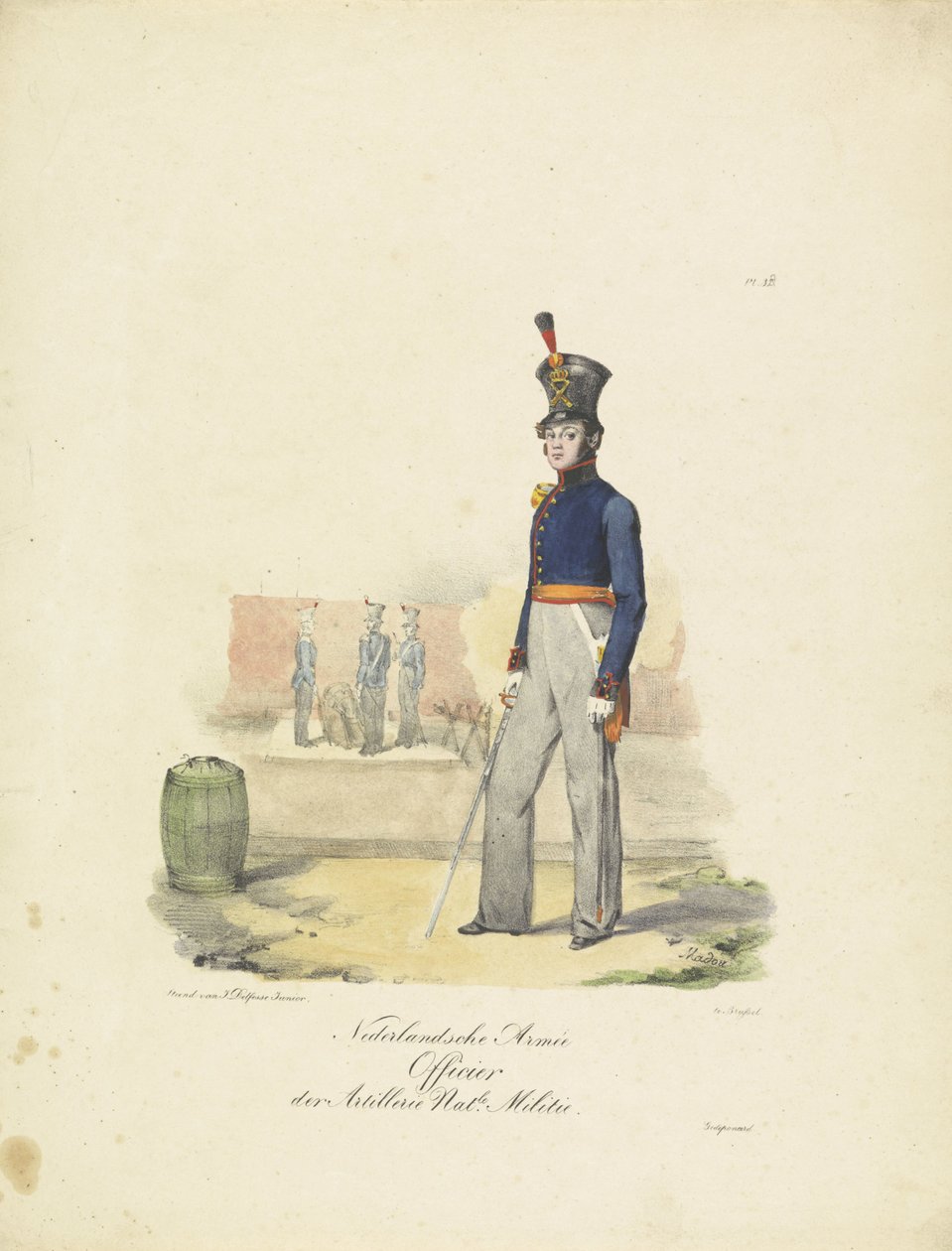 Officer af Artilleri, 1820-1825 Nederlandsche Armée Officier der Artillerie Nat.le Militie (titel på objekt) Militære kostumer af Kongeriget Holland. Dedikeret til Hans Excellence Willem van Bylandt (serietitel på objekt) af Jean Baptiste Madou