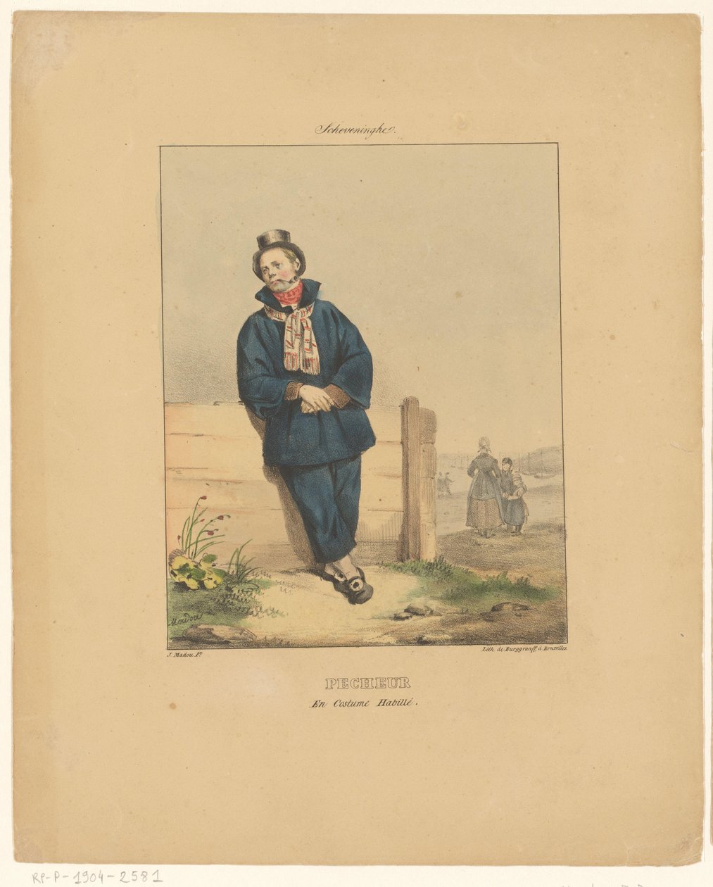 Piberygende fisker i Scheveningen Scheveninghe (titel på objekt) Bad luck en costume habillé (titel på objekt) Kostumer af indbyggerne i Holland og Belgien (serietitel) Costumes du peuple de toutes les provinces des Pays-Bas (serietitel) kostume af Jean Baptiste Madou