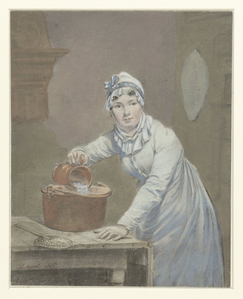 Stuepige hælder mælk i en gryde af Jean Baptiste Mallet (possibly)