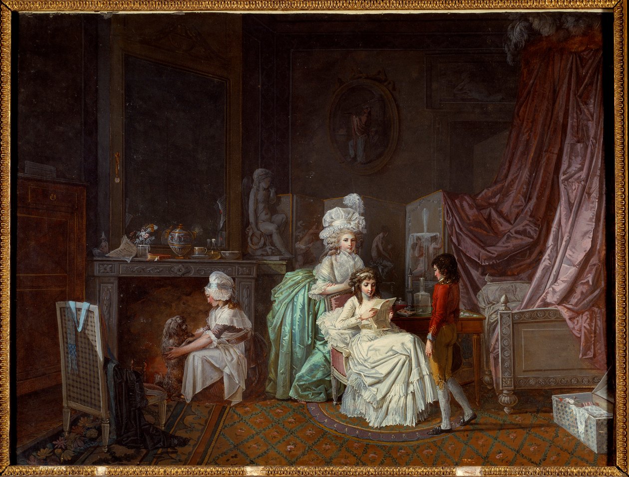 Familie frisure i privatlivets fred i et soveværelse, moderen varmer sin datter, der læser. En anden leger med hunden. Maleri af Jean Baptiste Mallet (1759-1835) Paris fra det 18. århundrede, dekorativ kunst af Jean Baptiste Mallet