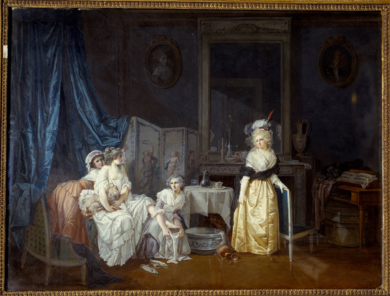 The toilet A young woman with the help of her maidens is about to take a bath. Painting by Jean Baptiste Malletdani af Jean Baptiste Mallet