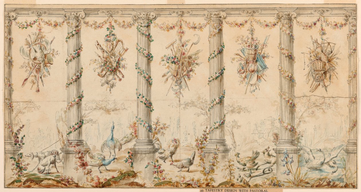 Tegning, projekt til billedtæppe dedikeret til livet på landet, 1780-95 af Jean Baptiste Marie Huet