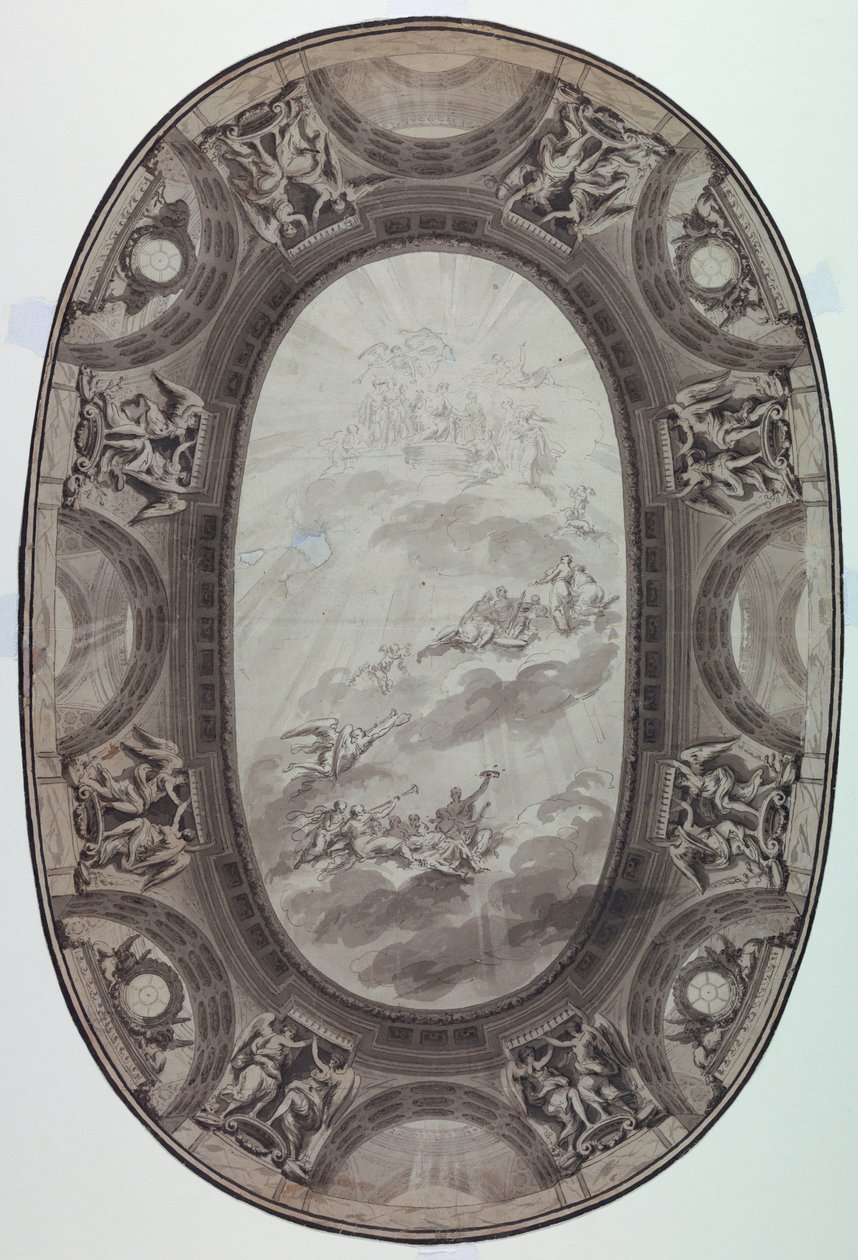 Tegning, Projekt til den malede udsmykning af loftet i en sal (malet ovalt loft), 1761 af Jean Baptiste Marie Pierre