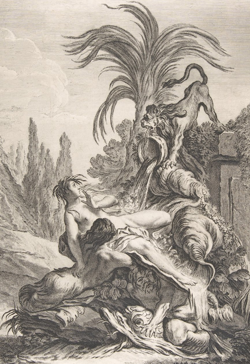 The Frightened Naiad En pjusket Naiad viger af forskrækkelse ved synet af en løve, ca. 1740., af Jean Baptiste Marie Pierre
