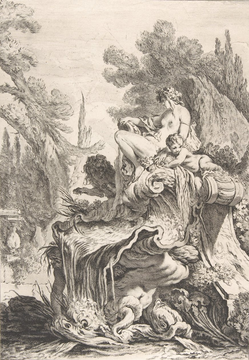 Den siddende nymfe En fontæne med en najade siddende på en konkylie, ca. 1740. af Jean Baptiste Marie Pierre