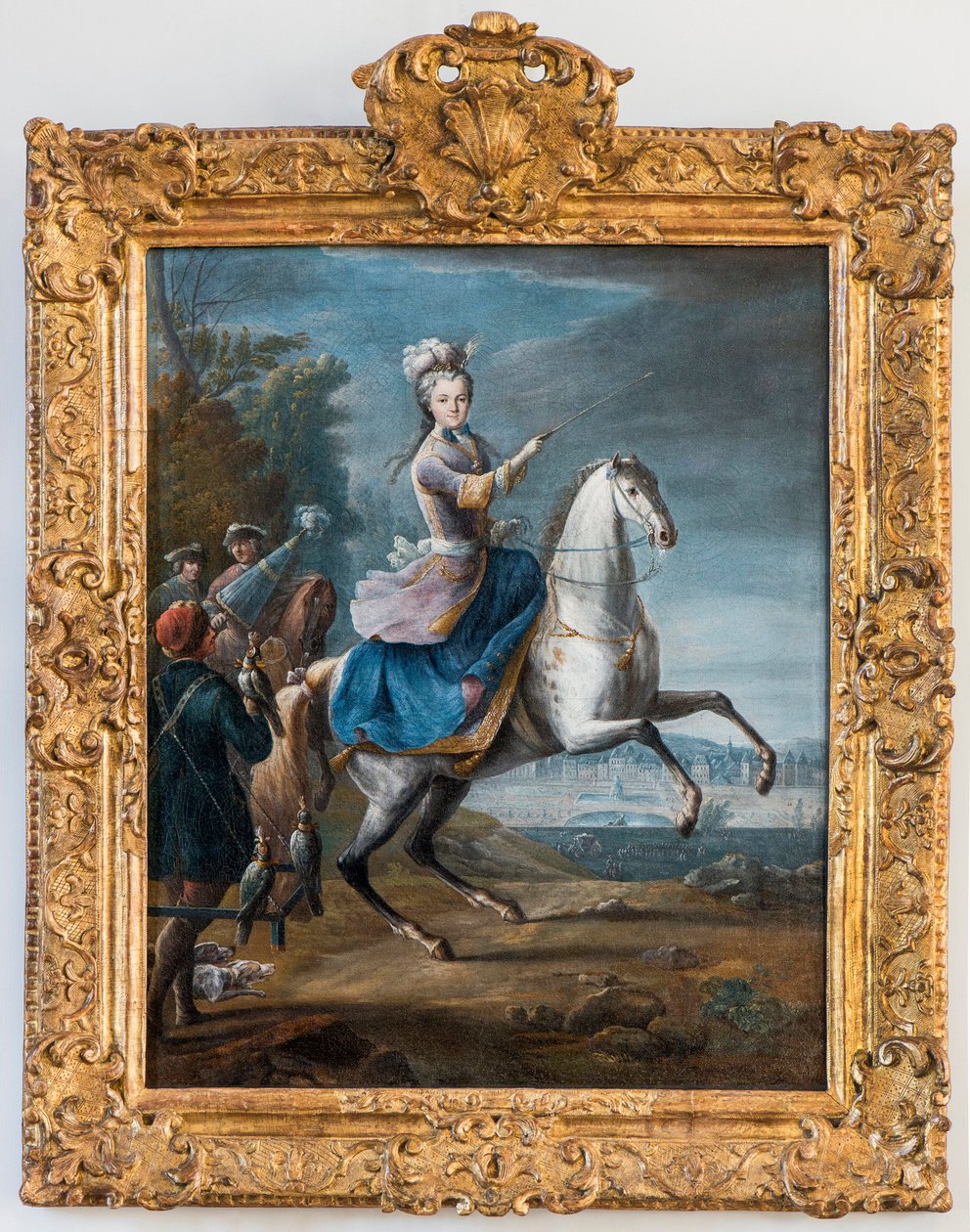 Rytterportræt af Marie Leszczynska, Ludvig XVs hustru af Martin Jean Baptiste (Martin Des Battailles) (1659 - 1735). (Foucon jagt først af slottet Fontainebleau) - Musee de Sceaux. (leczinska, Leczynska, Lesczinska, Lesczynska, Leszczinska, L af Jean Baptiste Martin