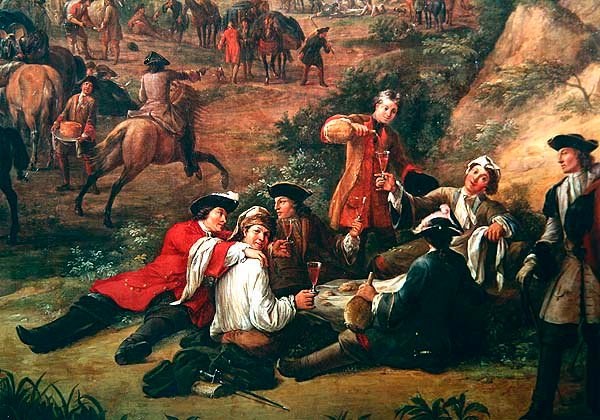 Gruppe af soldater, der drikker, detalje af Udsigt over fyrst af Contis hovedkvarter mellem San Sebastian og Hondarribia, juni 1719 (detalje af 429011) af Jean Baptiste Martin