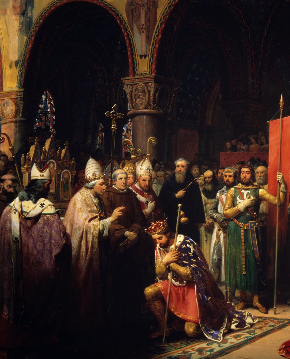 Kong Ludvig VII (1120-1180) tager oriflamen ved basilikaen Saint Denis (Saint Denis) i nærværelse af dronning Alienor af Aquitaine og modtager humlebien og pannetieren af pelerin fra hænderne på pave Eugene III (? -1153) før hans afgang af Jean Baptiste Mauzaisse