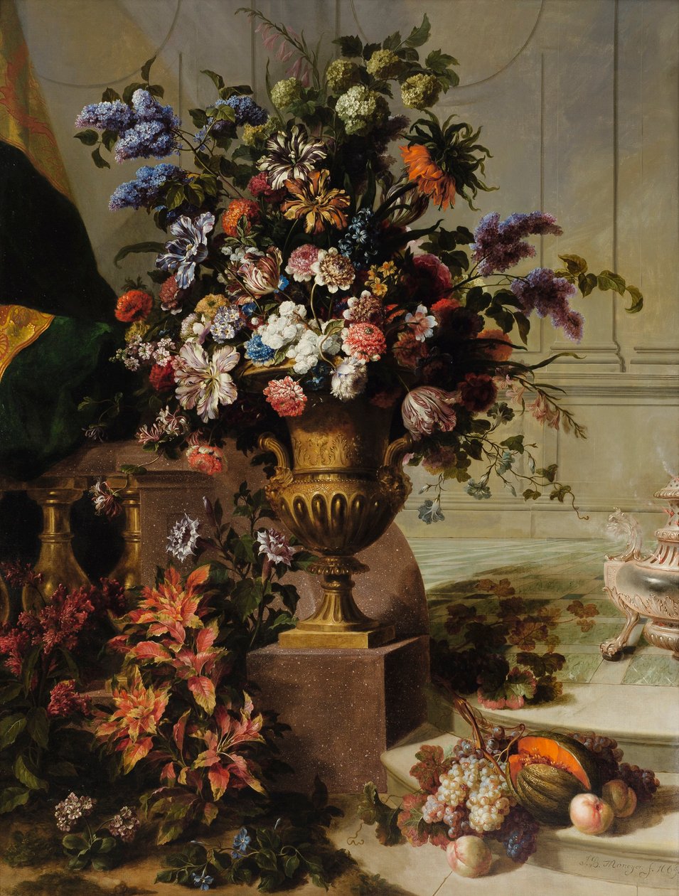 En buket blomster i en forgyldt bronzeurne på en porfyrbase i en arkitektonisk ramme af Jean Baptiste Monnoyer