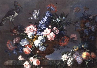 Et stilleben af frugt og blomster med fugle af Jean Baptiste Monnoyer