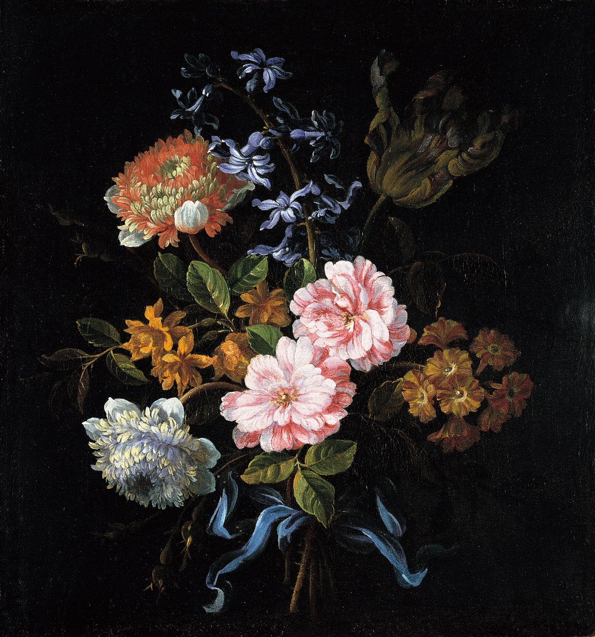 Buket af valmueanemoner, roser, dobbelt campernelle, en hyacint, en tulipan og auricula bundet med en b af Jean Baptiste Monnoyer