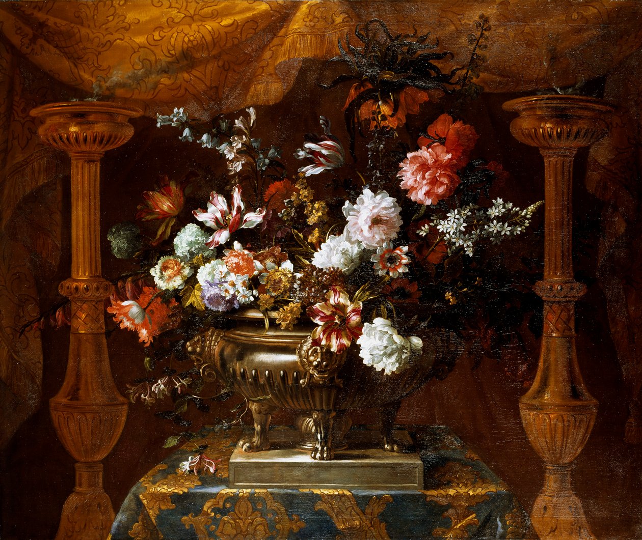 Stilleben med blomster i en sølvvase med parfume brændere, ca.1690-99 (olie på lærred) af Jean Baptiste Monnoyer