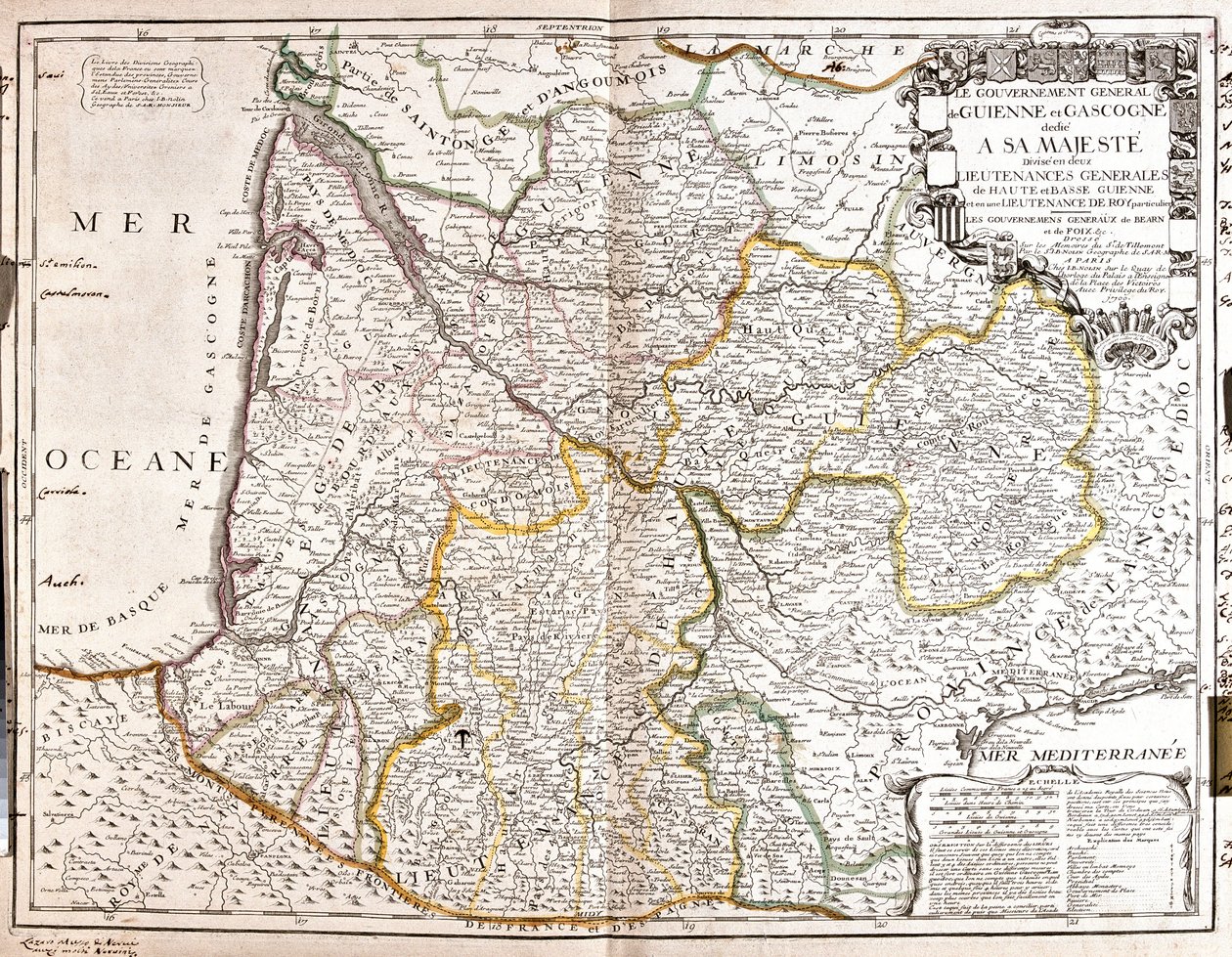 Kort over Guyenne og Gascogne (Sydvest for Frankrig) (Gravering af Jean Baptiste Nolin
