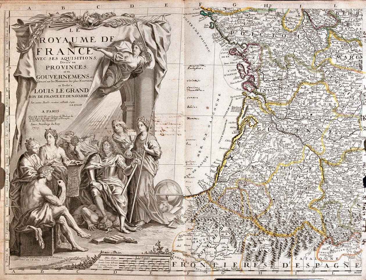 Kort over Guyenne og Gascogne, med et portræt af Ludvig XIV (1638-1715) omgivet af allegoriske karakterer af Jean Baptiste Nolin