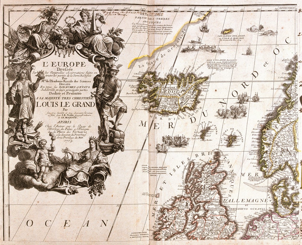 Kort over Island og de nordlige britiske øer i Nordsøen af Jean Baptiste Nolin
