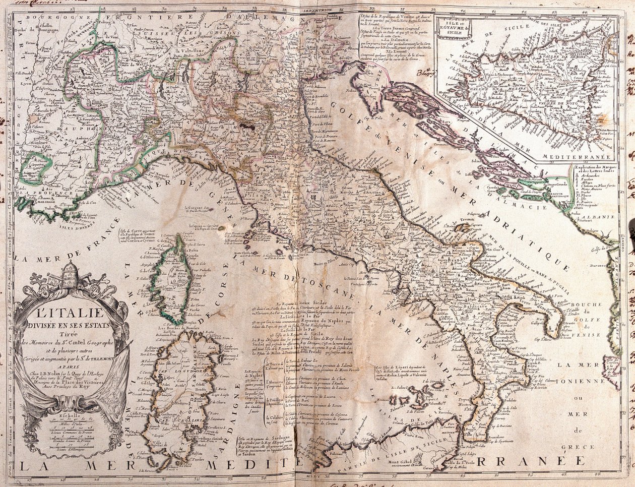 Kort over Italien, med Korsika, Sardinien og Sicilien (gravering af Jean Baptiste Nolin