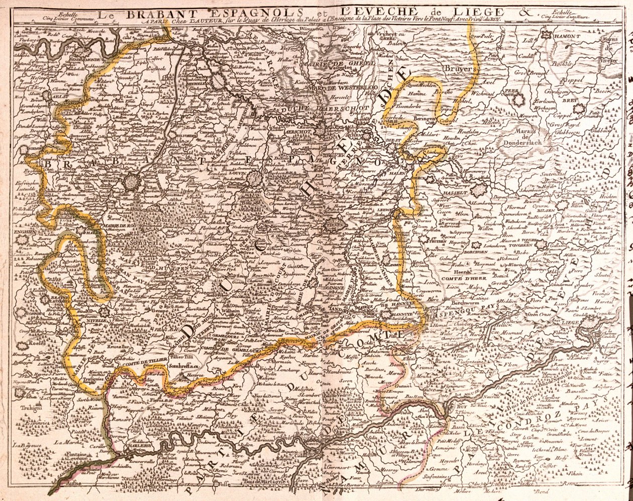 Kort over Spansk Brabant (flamsk og vallonsk Brabant) og bispedømmet Liège (Belgien) (gravering af Jean Baptiste Nolin