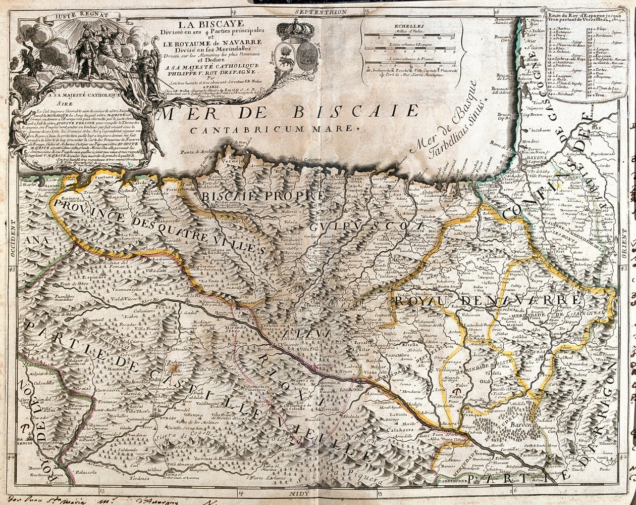 Kort over Biscayen-provinsen (Spanien) og kongeriget Navarra (Frankrig) (gravering af Jean Baptiste Nolin