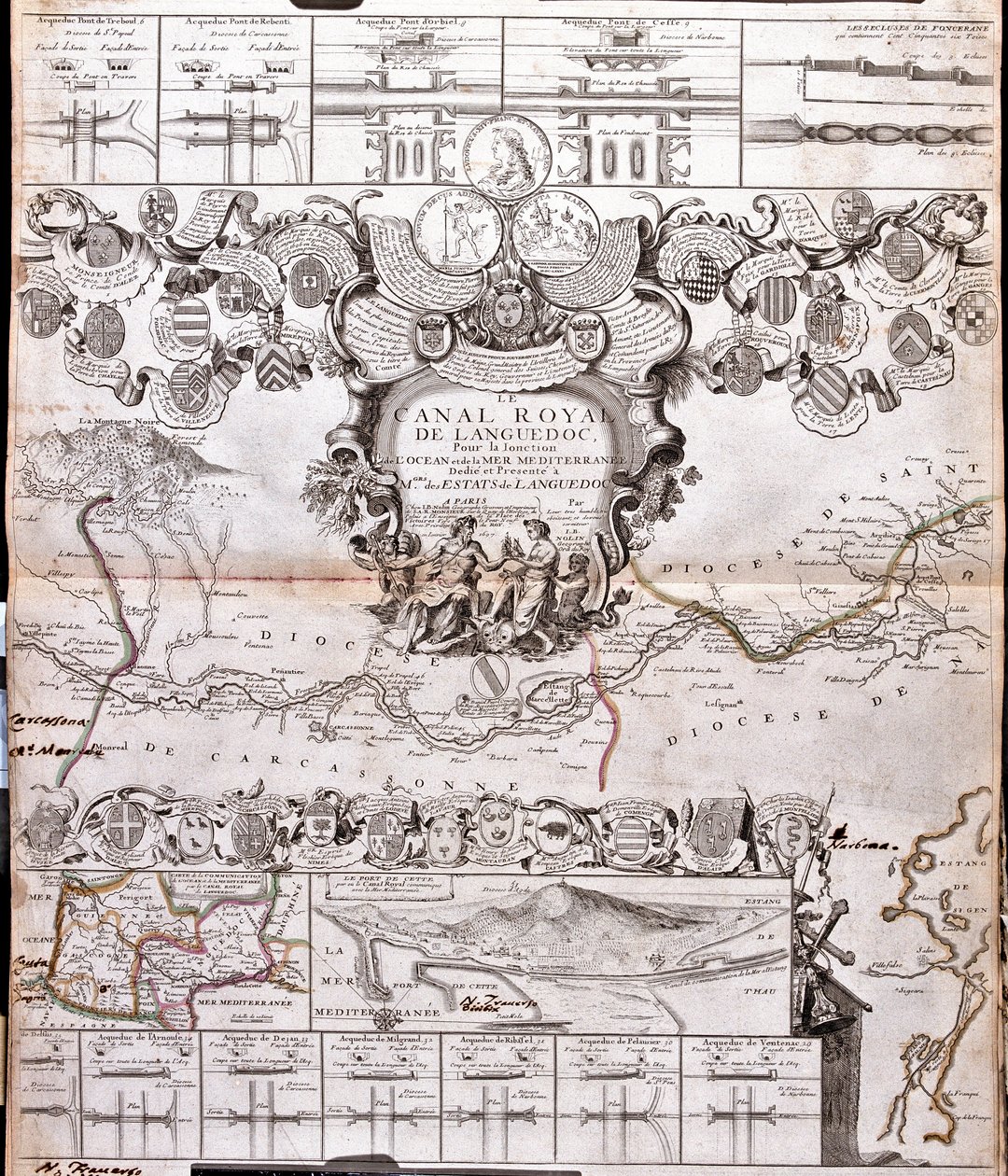 Kort over Canal du Midi med dens akvædukter (gravering af Jean Baptiste Nolin