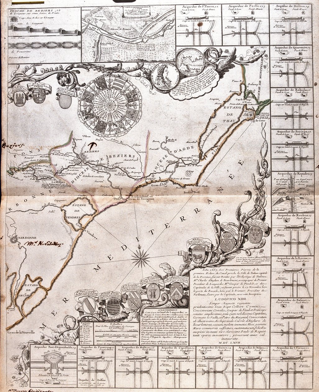 Kort over Canal du Midi med dens akvædukter (gravering af Jean Baptiste Nolin