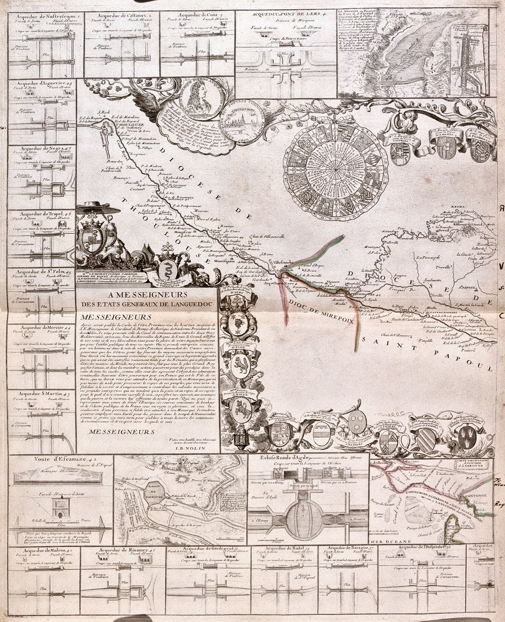 Kort over Canal du Midi med dens akvædukter (gravering af Jean Baptiste Nolin