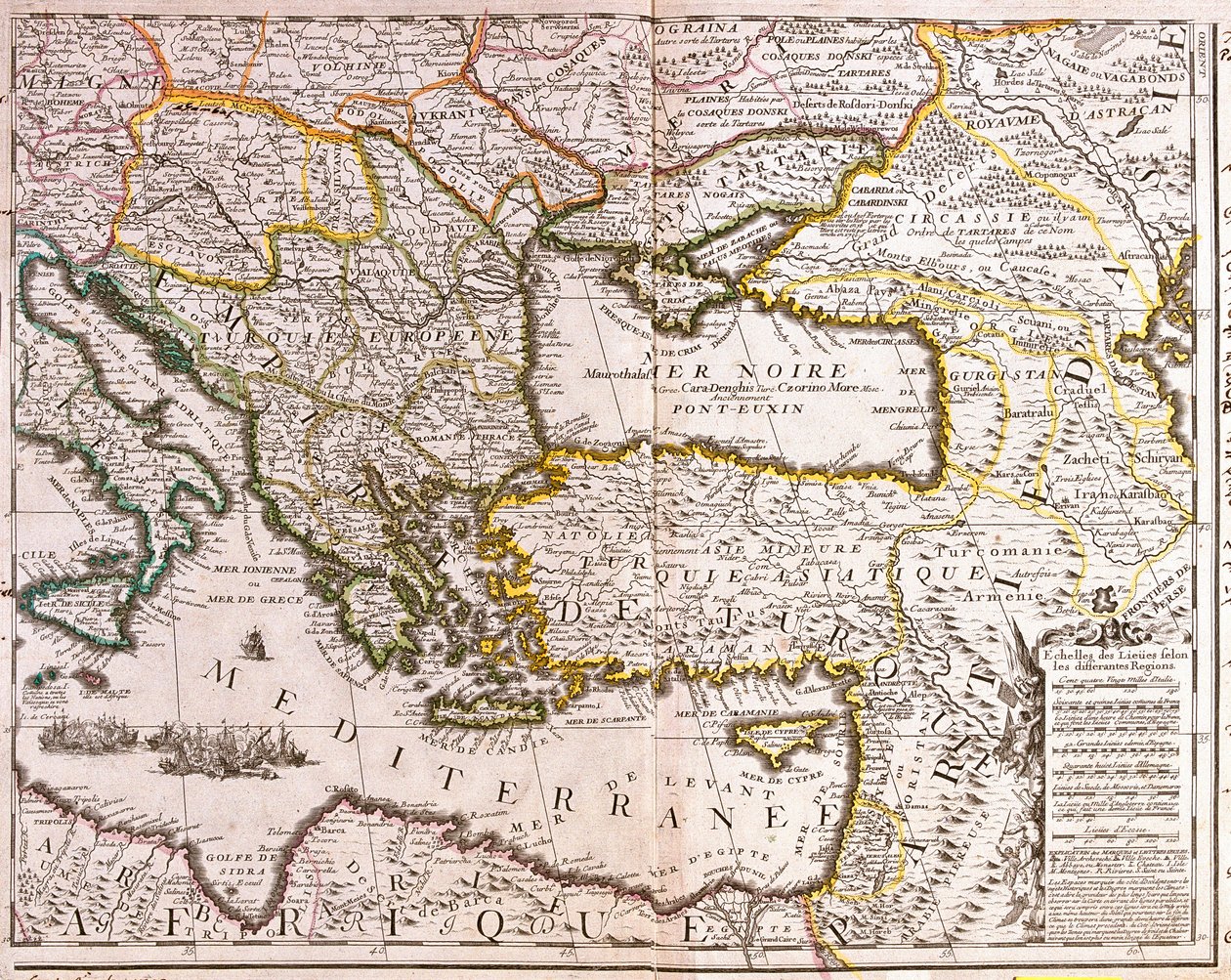 Kort over landene i det østlige Middelhav og Sortehavet, Tyrkiet og provinserne i Lilleasien (radering af Jean Baptiste Nolin