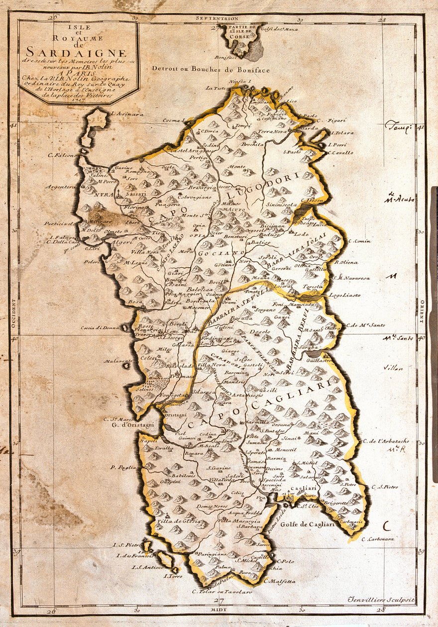 Kort over kongeriget Sardinien (Italien) (gravering af Jean Baptiste Nolin
