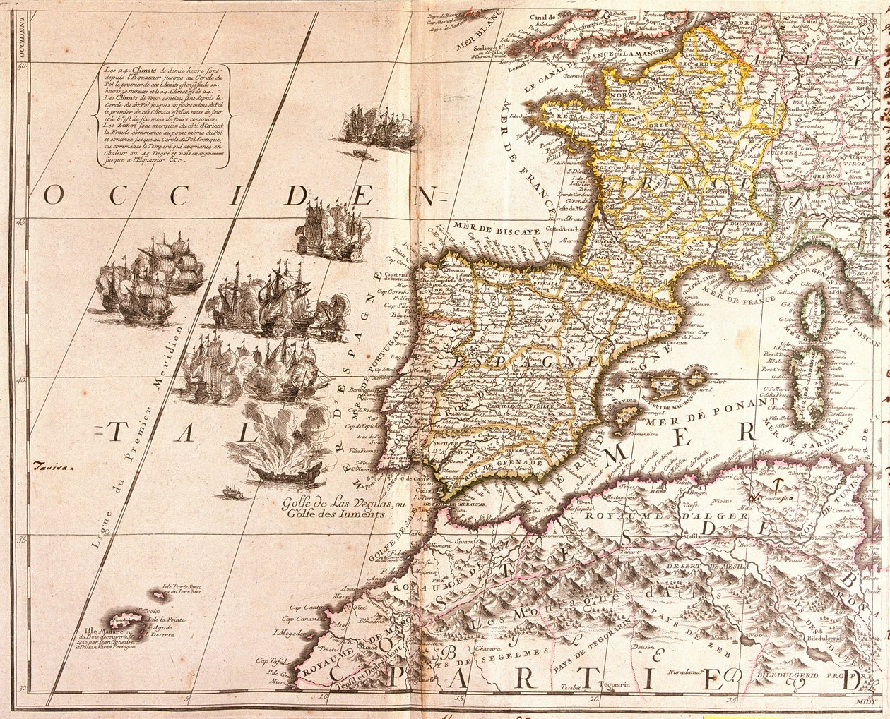 Kort over de vestlige Middelhavslande: Frankrig, Spanien, Portugal og Nordafrika (Marokko, Algeriet, Tunesien), med De Baleariske Øer, Korsika og Sardinien (radering). af Jean Baptiste Nolin
