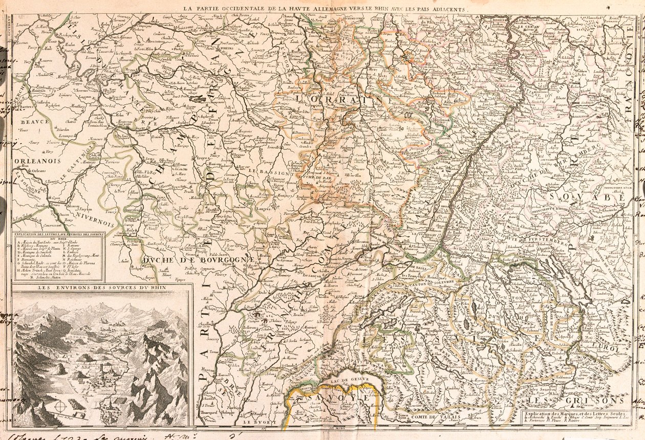 Kort over området omkring Rhinen (Tyskland, Schweiz, Frankrig) (Gravering af Jean Baptiste Nolin
