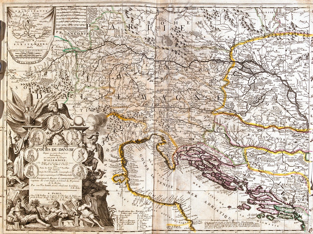 Kort over Donau-flodens løb i Tyskland (gravering af Jean Baptiste Nolin